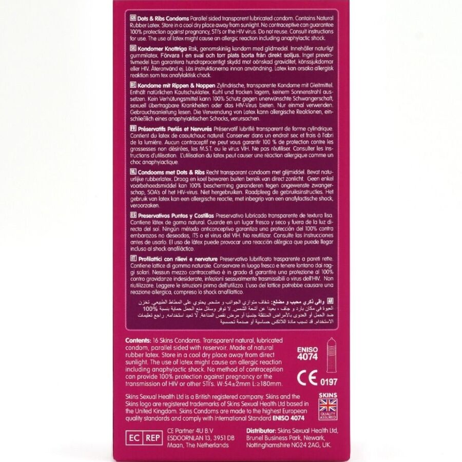 SKINS PACK DE 16 PRESERVATIFS PREMIUM DOTS RIBS