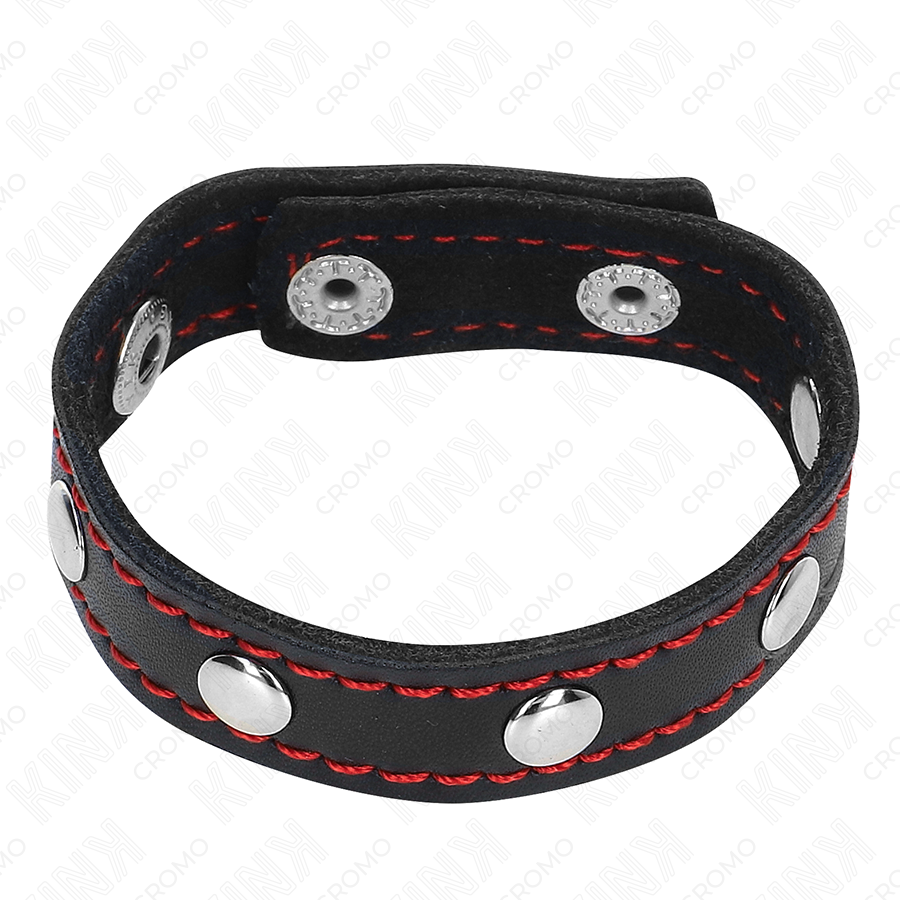 KINK ANNEAU PENIS EN CUIR AVEC FERMETURE A PRESSION DOUBLURE ROUGE 21 X 15 CM