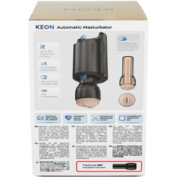 Vue de profil du masturbateur automatique Keon avec icônes de fonctionnalités