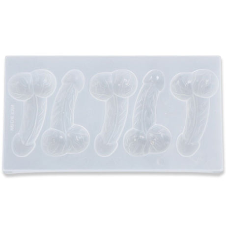 Flexible silicone tray for five penis-shaped ice cubes.