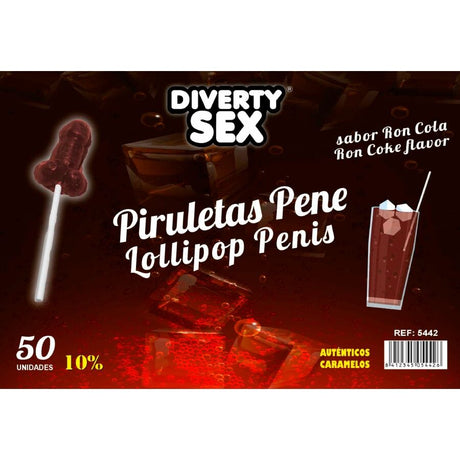 Accessoire de la marque Diablo Goloso modèle 50 sucettes pénis, saveur rhum cola pour le plaisir intime.