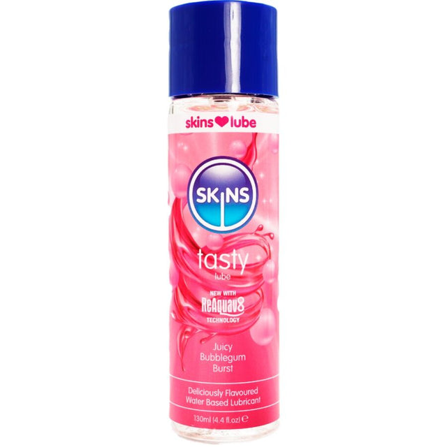 Lubrifiant eau de la marque Skins modèle Lubrifiant base eau comestible goût bubble gum 130 ml pour le plaisir intime.