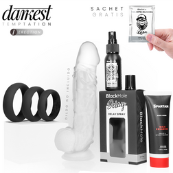 Kit érection 4 en 1 avec gaine transparente, trois anneaux, spray retardant et crème stimulante