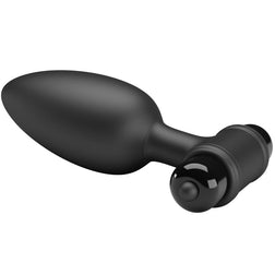 Black silicone vibrating butt plug lying flat