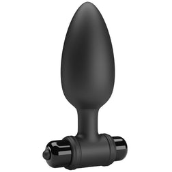 Black silicone vibrating butt plug at an angle