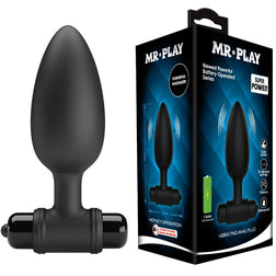 Black silicone vibrating butt plug with display box