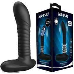 Stimulateur prostate Mr Play vibrant + billes rotatives sur le sphincter en Silicone noir 16.0 cm vu de face
