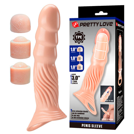 Gaine pénis modèle Gaine d'extension pénienne réaliste +7,5 cm avec 3 embouts couleur peau en TPE peau pour le plaisir int...