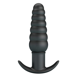 Plug anal vibrant silicone nervuré 11 cm base T-stop — vue de profil