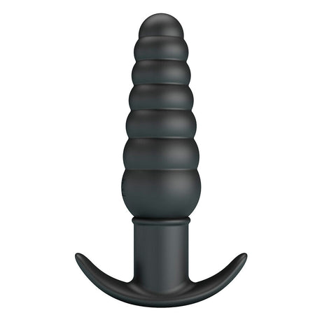 Plug anal vibrant silicone nervuré 11 cm base T-stop — vue de profil