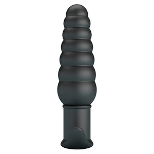 Plug anal vibrant silicone nervuré 11 cm base T-stop — gros plan