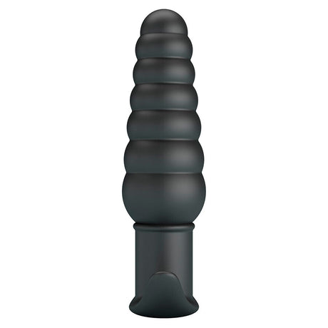 Plug anal vibrant silicone nervuré 11 cm base T-stop — gros plan