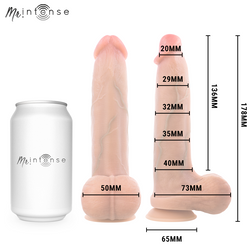 Realistic Bruce S silicone dildo with testicles, 17.8 cm long and 4 cm in diameter.