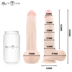 Realistic Bruce M silicone dildo with testicles, 20 cm long and 4.5 cm in diameter.