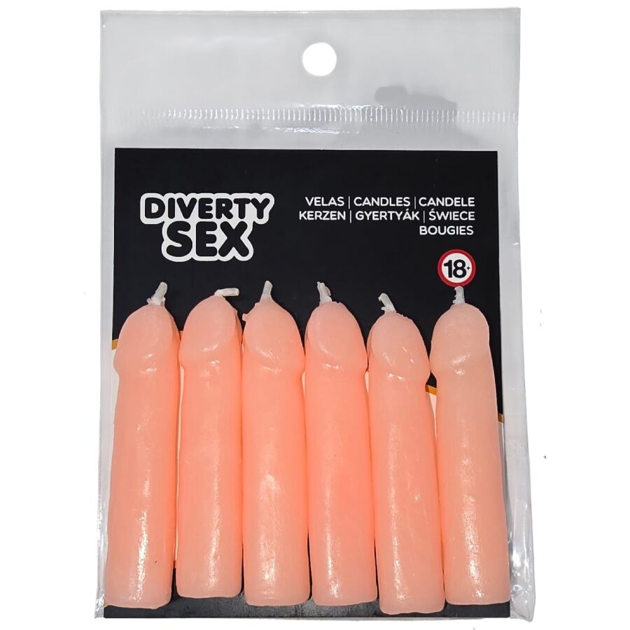 Accessoire modèle Six bougies en forme de pénis couleur chair pour le plaisir intime.