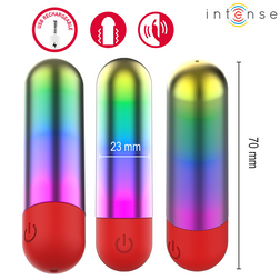 Trois vues d'une mini vibro balle arc-en-ciel avec dimensions indiquées