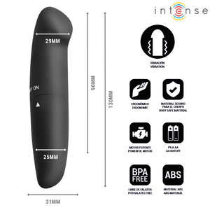 Schéma du Phil noir : longueur totale 130 mm, largeur maximale 31 mm et caractéristiques ABS et pile AA