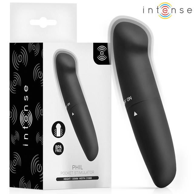 Mini-vibrateur Phil noir Intense devant sa boîte, avec tête arrondie et repères OFF/ON