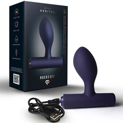 Purple Nova Orbital vibrating butt plug with its USB charging cable