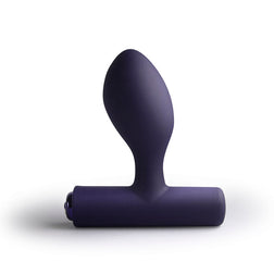 Side view of the purple silicone vibrating butt plug
