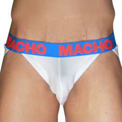 Macho Underwear white jockstrap with a blue waistband.