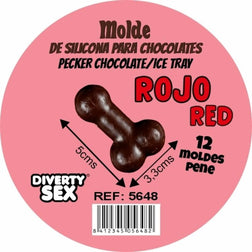 Rote Silikon-Penisform für zwölf Schokoladen oder Eiswürfel in Penisform.