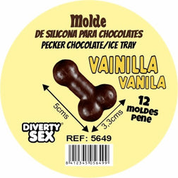 Silicone penis mould for 12 chocolates or ice cubes, with dimensions shown
