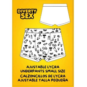 Emballage du boxer blanc imprimé de dessins noirs de pénis, taille S.
