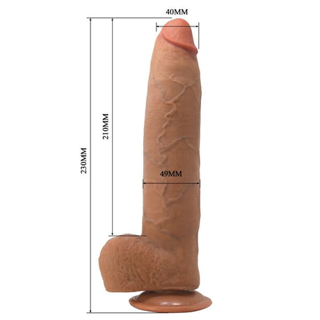 Evander diagram: 23 cm total, 21 cm insertable, 4 cm glans and 4.9 cm body