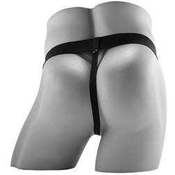 Rear view of the black harness worn on a mannequin