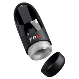 Black vibrating masturbator with a clear nubbed sleeve and cap