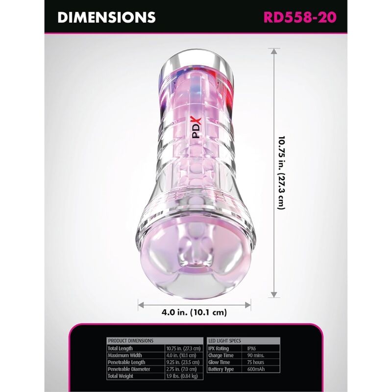 PDX ELITE VIEWTUBE XXL LED TRANSPARENT STROKER 273 CM