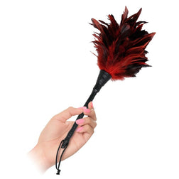 Harness model Frisky Feather Tickler in red for intimate pleasure.