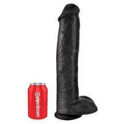 Giant realistic black dildo, 38 cm, with testicles and a suction cup, in black PVC, 38.0 cm, for intimate pleasure.