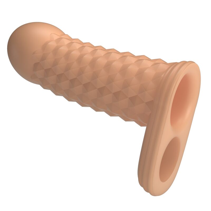 Flesh-coloured Wolfram penis sleeve with raised facets, opening and integrated ring
