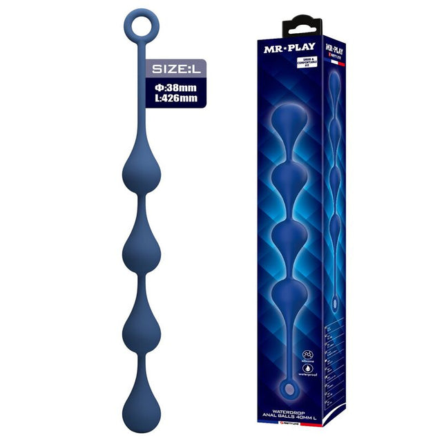 Chapelet anal Waterdrop L bleu avec sa boîte MR PLAY, quatre perles en goutte espacées et anneau