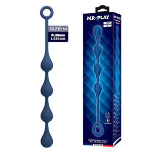 blaue Waterdrop M Analkette mit MR PLAY Verpackung, vier weit auseinanderliegende Tropfenperlen und Ring