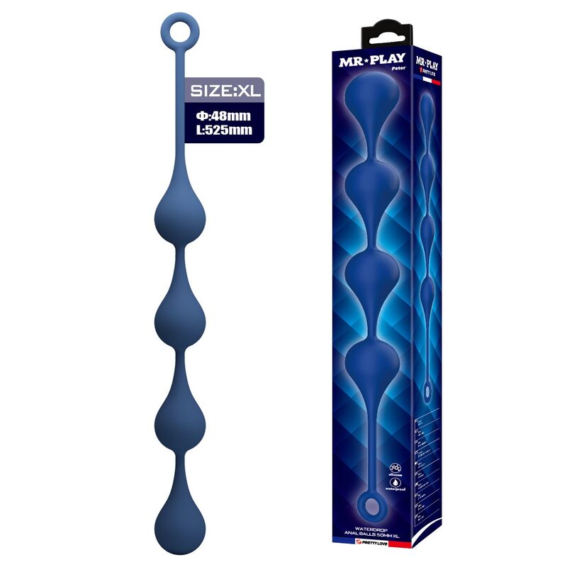 blaue Waterdrop XL Analkette mit MR PLAY Verpackung, vier weit auseinanderliegende Tropfenperlen und Ring