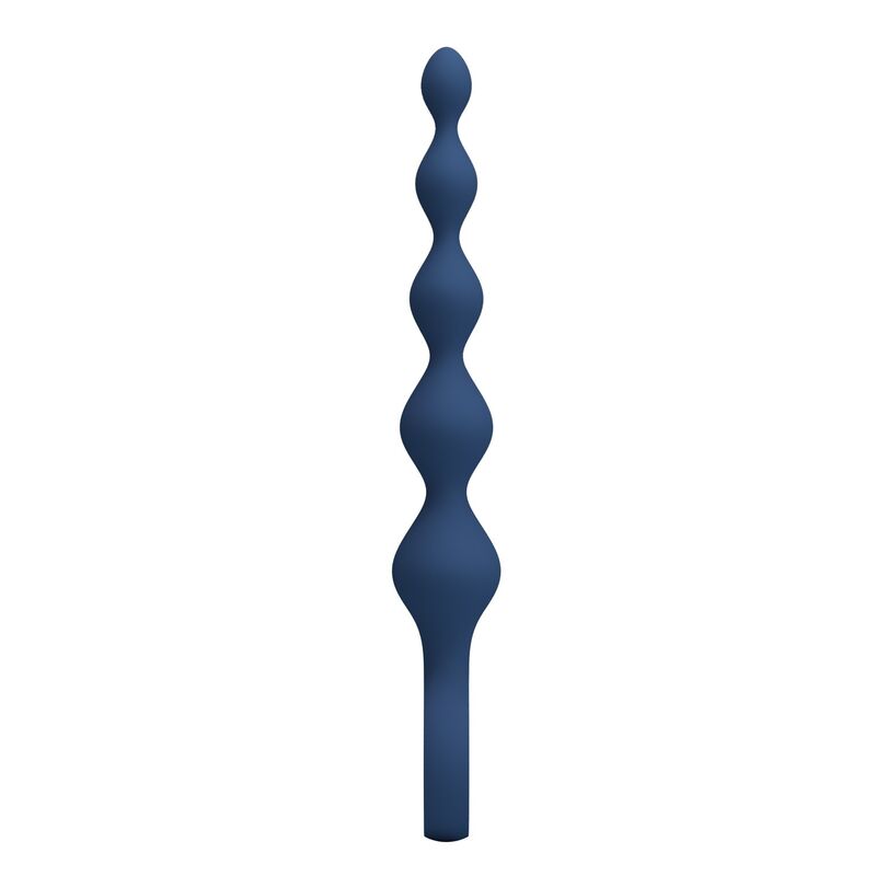 Chapelet anal bleu à 5 perles profil complet sur fond blanc