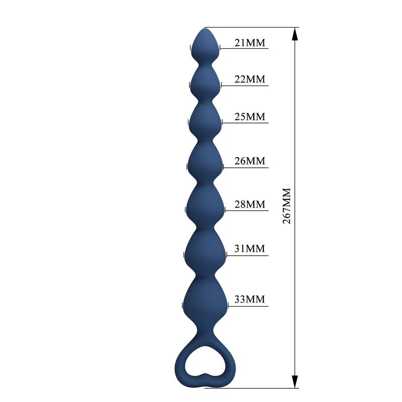 Chapelet anal bleu à 7 perles schéma des dimensions : 26,7 cm, perles de Ø 2,1 à 3,3 cm