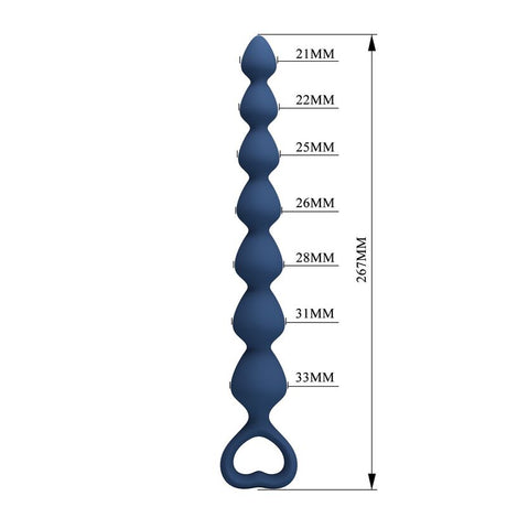 Chapelet anal bleu à 7 perles schéma des dimensions : 26,7 cm, perles de Ø 2,1 à 3,3 cm