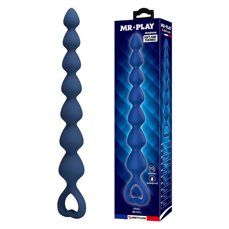 Chapelet anal bleu à 7 perles avec sa boîte MR PLAY, sept perles graduées et anneau en forme de cœur