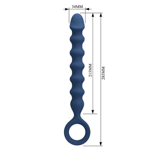 Maßzeichnung für blaue George-Analkette: 28,5 cm Gesamtlänge, 21,5 cm einführbar und Ø 3,4 cm