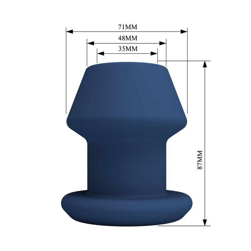 Maßzeichnung für blauer Jack M Tunnel-Analplug: 8,7 cm hoch, außen Ø 7,1 cm und 3,5 cm Öffnung