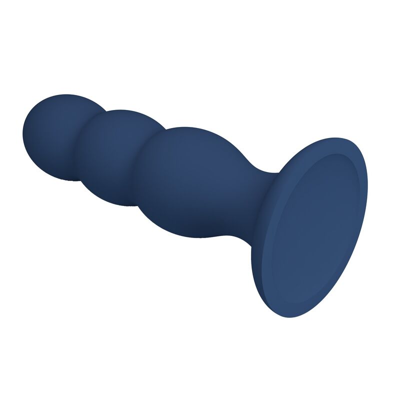 Plug anal lesté bleu à 3 billes métalliques vue arrière et forme de la base