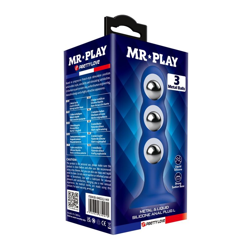 Plug anal lesté bleu à 3 billes métalliques schéma des dimensions : 16,5 cm au total, Ø 3,2 cm et billes de 1,4 cm