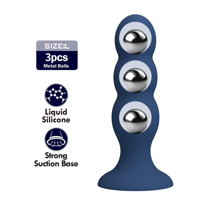 Plug anal lesté bleu à 3 billes métalliques vue de face, 3 renflements lestés et base ventouse