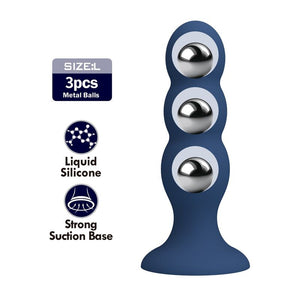 Plug anal lesté bleu à 3 billes métalliques vue de face, 3 renflements lestés et base ventouse