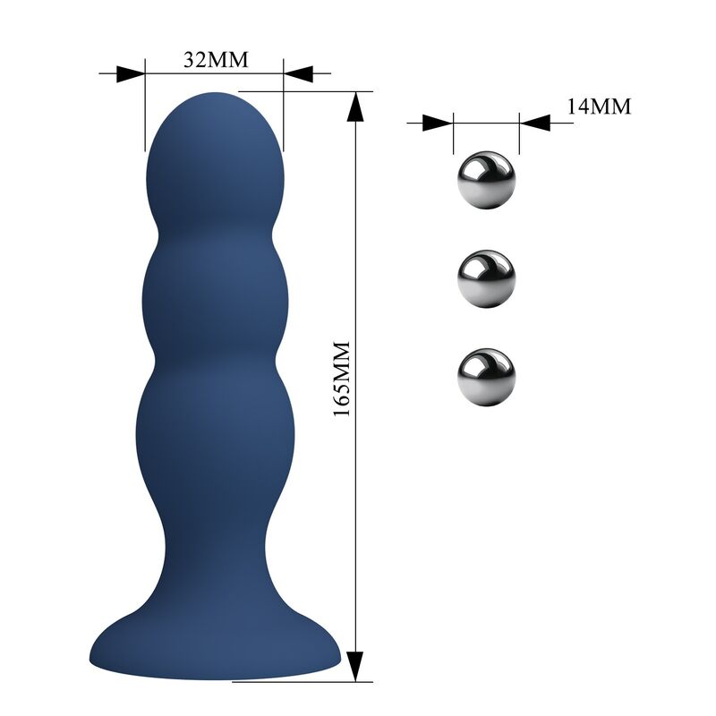 Plug anal lesté bleu à 3 billes métalliques profil complet sur fond blanc