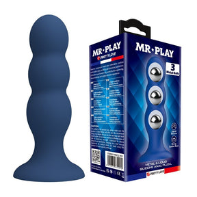 Plug anal lesté bleu à 3 billes métalliques avec sa boîte MR PLAY, 3 renflements lestés et base ventouse